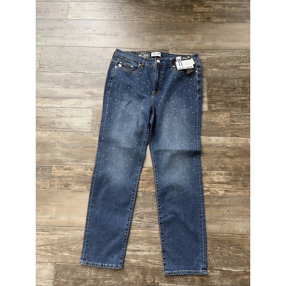 Seven7 Women's Size 12 Slim Straight High Rise Jeans‎ Denim Stretch Bejeweled